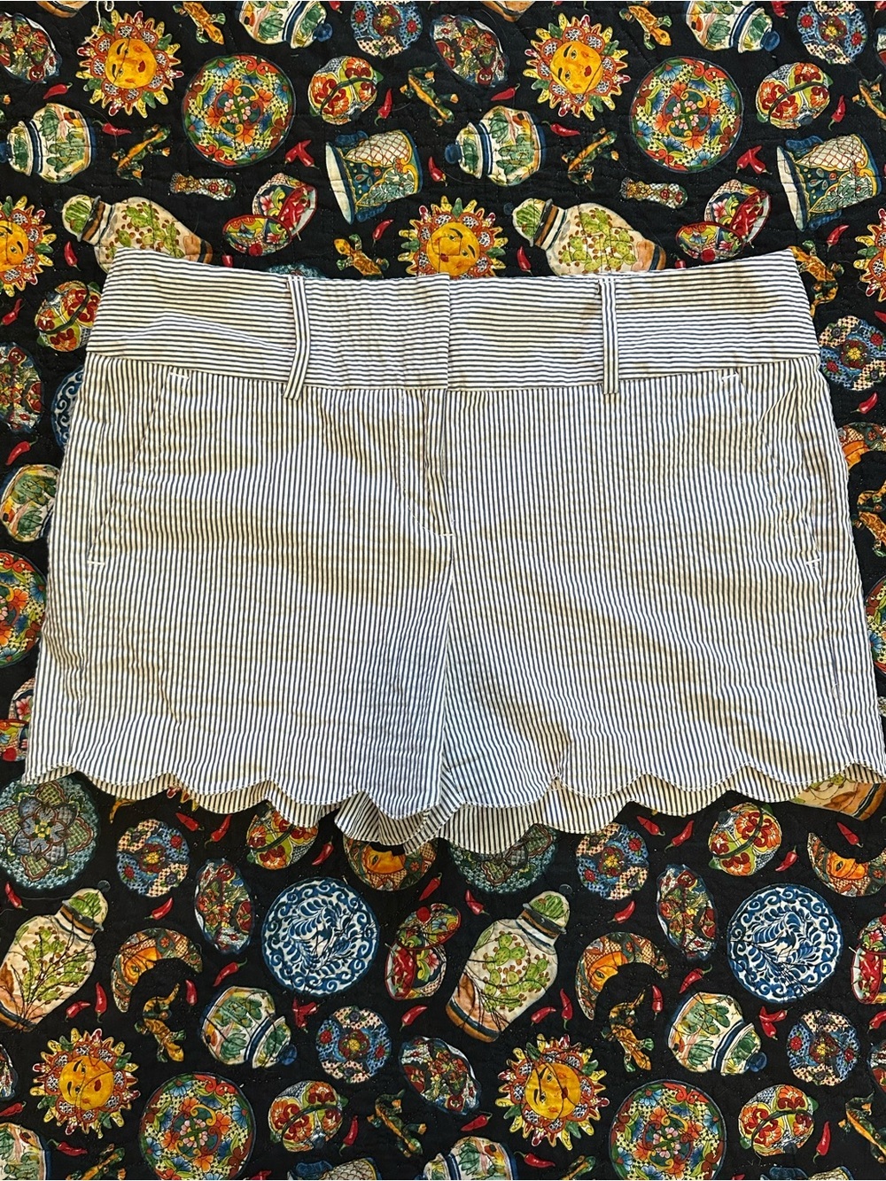 Ann Taylor White and Blue Striped Scallop-Hem Shorts EUC